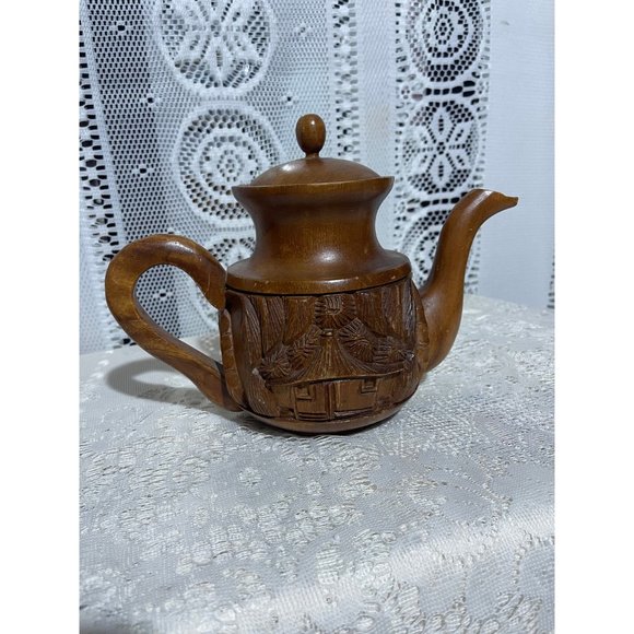 Vintage Genuine Monkey Pod Wood Tea Pot Hand Carved - Picture 2 of 5